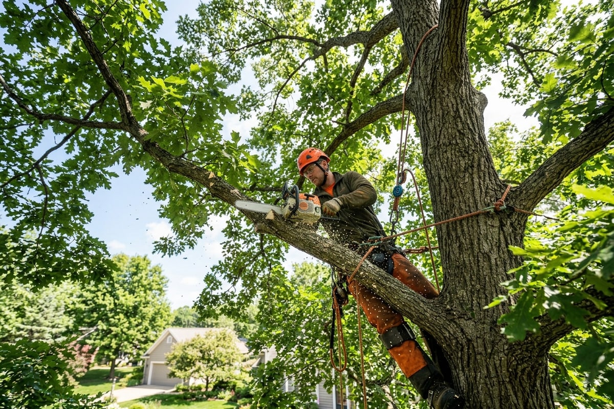 Structural pruning of a mature oak tree in a Traverse City yard