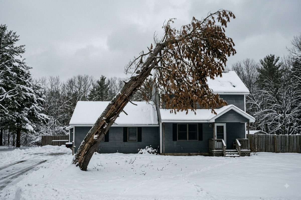 Large dead pine leaning toward a house before removal in Gaylord