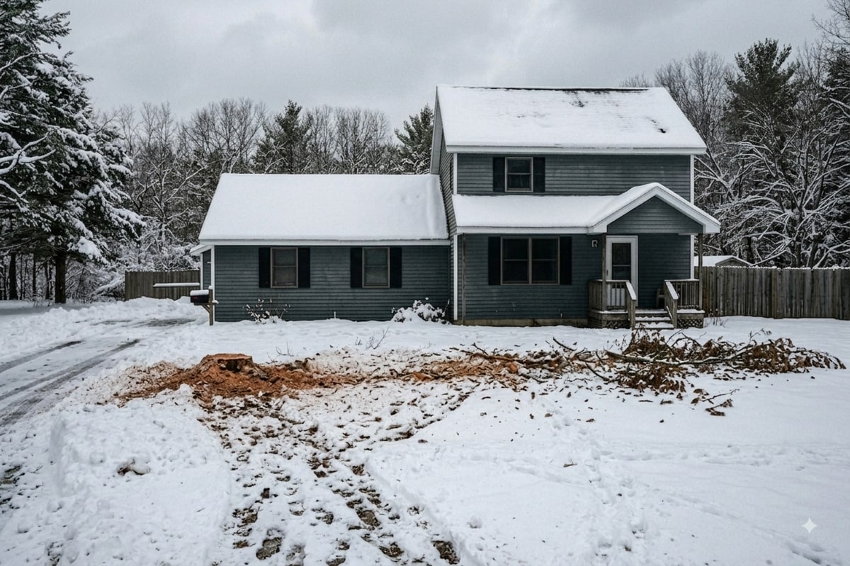 Dead pine tree removal near a residence in Gaylord, MI